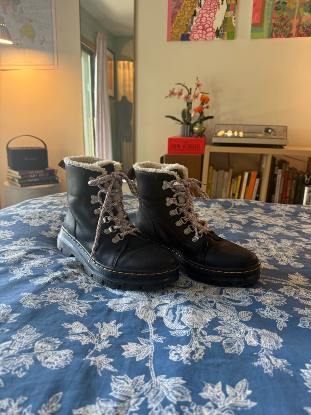 Black Leather Lace-Up Winter Boots with Faux Shearling